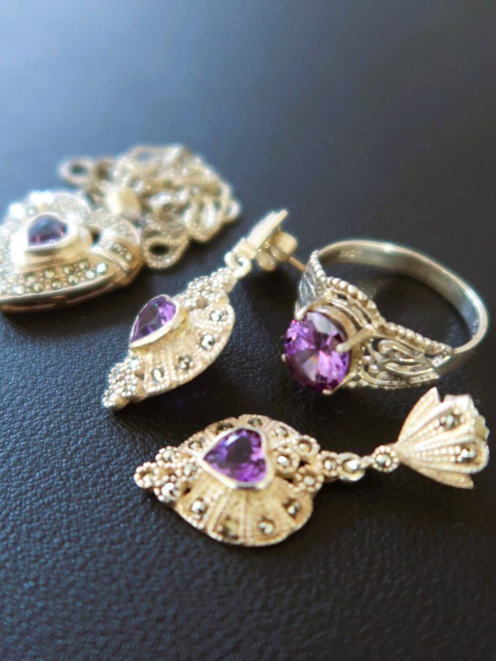 Vintage 925 FAS Sterling Silver Amethyst Marcasite Heart Jewelry Set 4 Piece Set